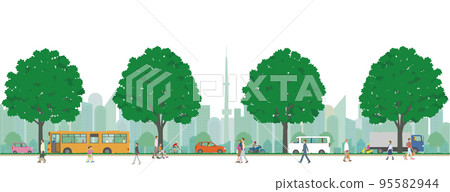 Sideways illustration of skyscrapers and residential pedestrians and cars Sideways illustration of skyscrapers and residential pedestrians and cars 95582944