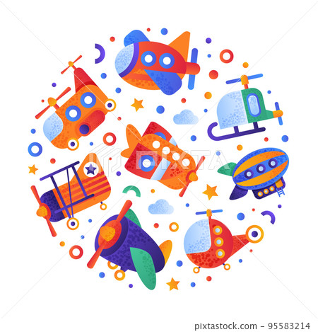 Colorful Planes and Aircraft with Wing and Propeller Circle Arrangement Vector Template Colorful Planes and Aircraft with Wing and Propeller Circle Arrangement Vector Template 95583214