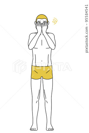 一個脫髮男人的線條畫,一個用雙手遮住臉的沮喪姿勢 一個脫髮男人的線條畫,一個用雙手遮住臉的沮喪姿勢 95584541