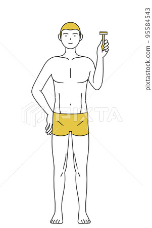 Line drawing of a depilated man, posing with a razor 95584543