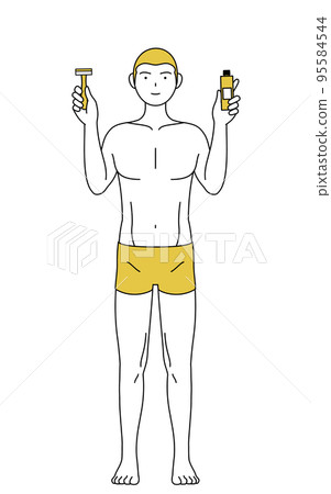 Line drawing of a depilated man, posing with depilatory cream and razor Line drawing of a depilated man, posing with depilatory cream and razor 95584544