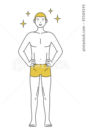 一個脫髮男人的線條畫,一個把手放在腰上,伸展胸膛的姿勢 一個脫髮男人的線條畫,一個把手放在腰上,伸展胸膛的姿勢 95584545