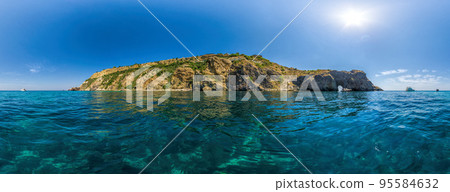Yachts in the Sea on a background of rocky shores. The concept of an travel, relax, active and healthy life in harmony with nature. Diana's grotto in Sevastopol. Fiolent, Crimea 95584632