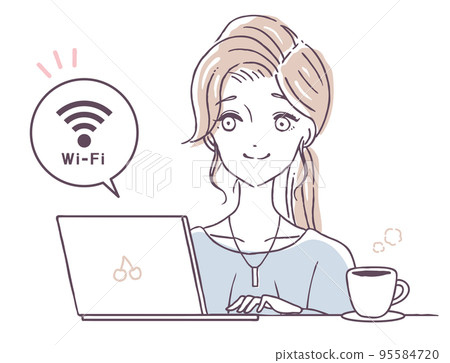 Illustration material of a fashionable woman who connects a laptop computer to Wi-Fi Illustration material of a fashionable woman who connects a laptop computer to Wi-Fi 95584720