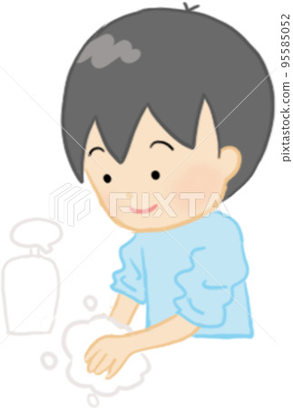 男孩用泡沫肥皂洗手 95585052