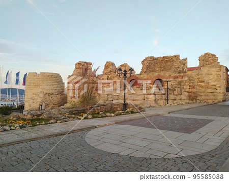 Historic Ancient walls in Old Town of Nesebar city on Black Sea shore in Bulgaria 95585088