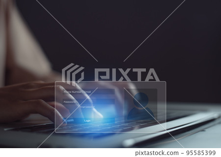 Woman hand presses keyboard on laptop to fill in email or phone number and password to access application through virtual screen. Woman hand presses keyboard on laptop to fill in email or phone number and password to access application through virtual screen. 95585399