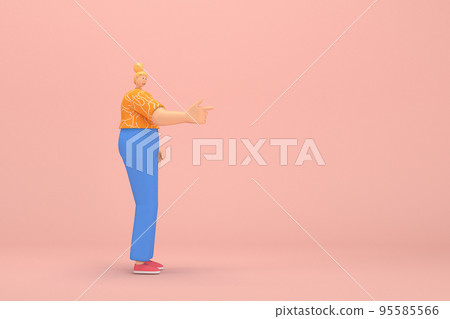 The woman with golden hair tied in a bun wearing blue corduroy pants andOrange T-shirt with white stripes.  She is expression  of hand when talking. 3d illustrator of cartoon character in acting. 95585566