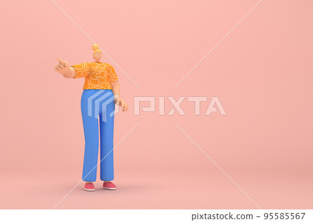 The woman with golden hair tied in a bun wearing blue corduroy pants andOrange T-shirt with white stripes.  She is expression  of hand when talking. 3d illustrator of cartoon character in acting. 95585567