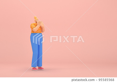 The woman with golden hair tied in a bun wearing blue corduroy pants andOrange T-shirt with white stripes.  She is expression  of hand when talking. 3d illustrator of cartoon character in acting. 95585568