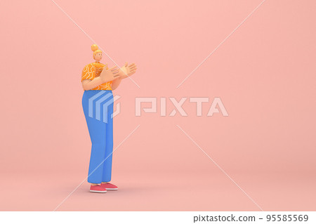 The woman with golden hair tied in a bun wearing blue corduroy pants andOrange T-shirt with white stripes.  She is expression  of hand when talking. 3d illustrator of cartoon character in acting. 95585569