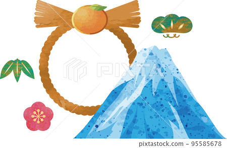 Mount Fuji and New Year's decoration watercolor illustration frame background material 95585678