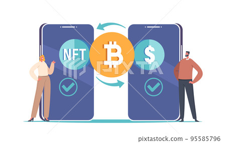 Users Exchanging Assets And Cryptocurrency Via Smart Contract Execution On Blockchain. Characters At Huge Smartphones Users Exchanging Assets And Cryptocurrency Via Smart Contract Execution On Blockchain. Characters At Huge Smartphones 95585796