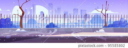 Winter city street with metal fence, bare trees Winter city street with metal fence, bare trees 95585802