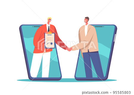 Smart Digital Contract Concept With Business Men Handshake Coming Out Of Huge Mobile Phones, Agreement, Partnership Smart Digital Contract Concept With Business Men Handshake Coming Out Of Huge Mobile Phones, Agreement, Partnership 95585803