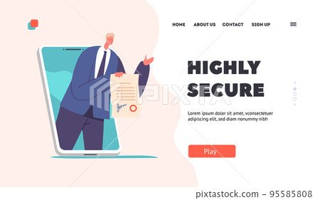 Smart Contract And Highly Secure Digital Electronic Signature Landing Page Template. Tiny Business Man Holding Document Smart Contract And Highly Secure Digital Electronic Signature Landing Page Template. Tiny Business Man Holding Document 95585808