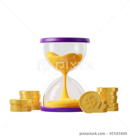 3D render hourglass with falling sand and coins 3D render hourglass with falling sand and coins 95585809