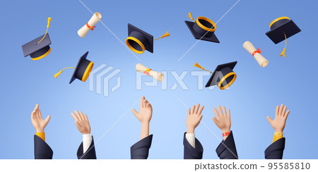 Students throw up graduation caps and certificates Students throw up graduation caps and certificates 95585810