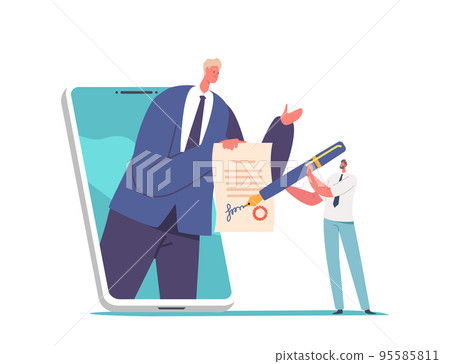 Smart Contract And Digital Electronic Signature Concept. Distance Business, Tiny Man Putting Sign Into Legal Document Smart Contract And Digital Electronic Signature Concept. Distance Business, Tiny Man Putting Sign Into Legal Document 95585811