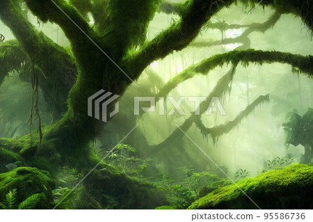 Illustration of green prehistoric jungle with lush vegetation Illustration of green prehistoric jungle with lush vegetation 95586736