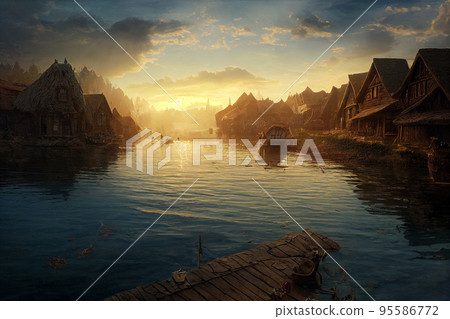 Concept art illustration of lake town floating village Concept art illustration of lake town floating village 95586772