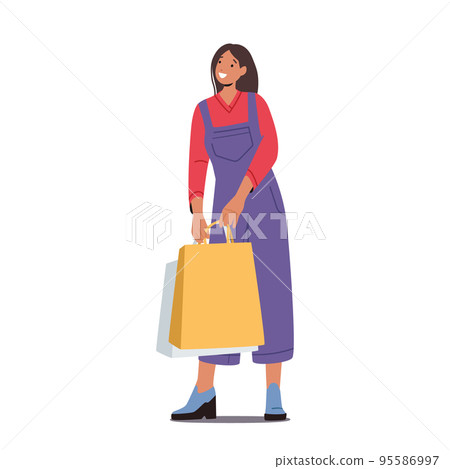 Seasonal Sale, Discount Concept with Young Stylish Woman Holding Colorful Shopping Bags. Trendy Female Character 95586997