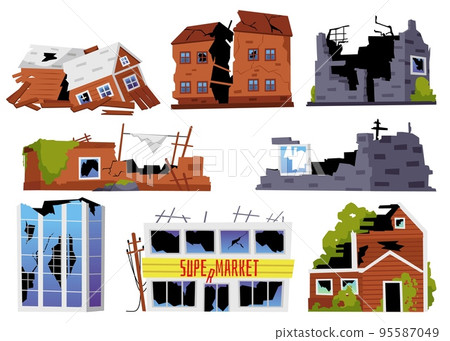 Set of destroyed buildings, different houses and supermarket flat style Set of destroyed buildings, different houses and supermarket flat style 95587049