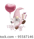 Beautiful hand drawn gnome with balloon and gift box  isolated. Artistic watercolor illustration for bday cards, valentine banners, love prints etc. 95587146