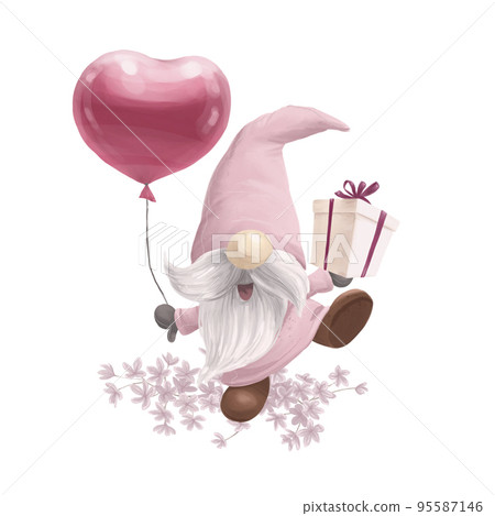 Beautiful hand drawn gnome with balloon and gift box  isolated. Artistic watercolor illustration for bday cards, valentine banners, love prints etc. 95587146