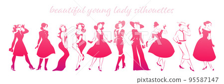 Collection of beautiful young lady silhouettes isolated. 95587147