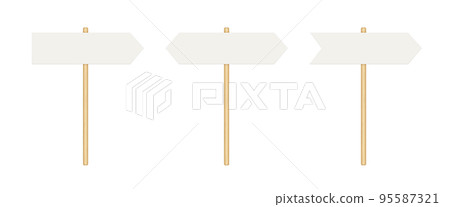 Signboard with wooden pole. Direction sign post with arrow. Street road boards. Realistic signpost to choose road or street. Vector illustration isolated on white background 95587321