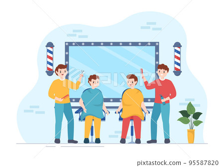 Barber Shop for Male or Female Clients Haircut with Mirrors, Desk and Hair Cutting Equipment in Flat Cartoon Hand Drawn Templates Illustration 95587820