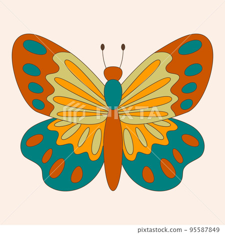 Retro 60s 70s hippie groovy butterfly for cards, stickers or poster design. Flat vector illustration Retro 60s 70s hippie groovy butterfly for cards, stickers or poster design. Flat vector illustration 95587849