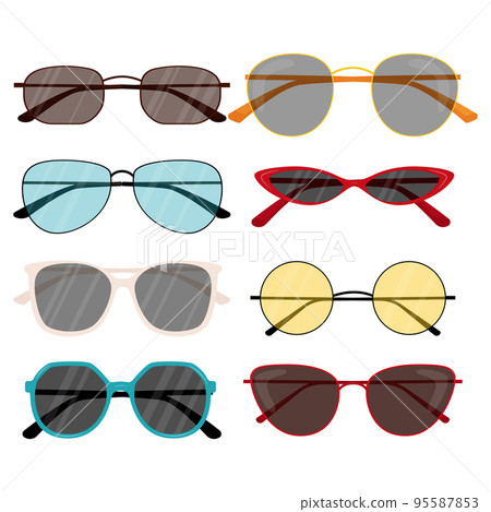 Colorful fashionable sunglasses with sun lens. Collection of women's sunglasses Colorful fashionable sunglasses with sun lens. Collection of women's sunglasses 95587853