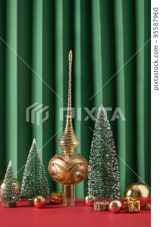 Christmas composition with Christmas trees and ornaments. Christmas greeting card. 95587960