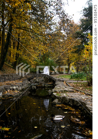 Dog in a ghost costume. Halloween concept 95588475