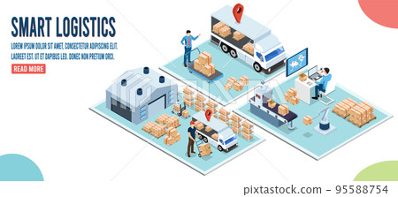 3D isometric Smart logistics concept with Warehouse Logistic, Workers loading products, transportation truck use wireless technoloty. Eps10 vector illustration 95588754