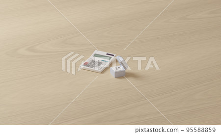 一個盒子的 3D 渲染插圖,其中包含兩個放置在平面上的結婚戒指和一個白色計算器 一個盒子的 3D 渲染插圖,其中包含兩個放置在平面上的結婚戒指和一個白色計算器 95588859