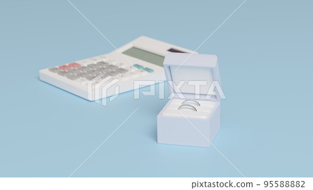 一個盒子的 3D 渲染插圖,其中包含兩個放置在平面上的結婚戒指和一個白色計算器 一個盒子的 3D 渲染插圖,其中包含兩個放置在平面上的結婚戒指和一個白色計算器 95588882
