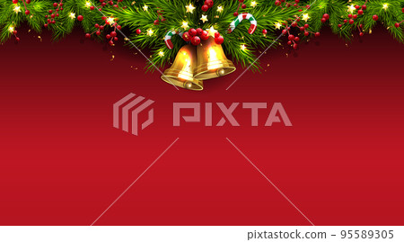Christmas garland, bells with fir branches on a red background 95589305