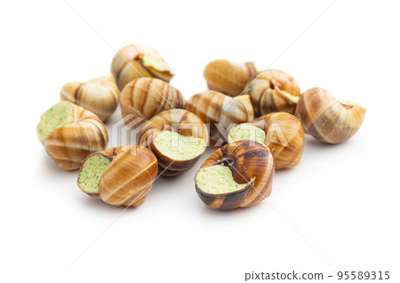 Snails with parsley butter, Bourgogne Escargot Snails  isolated on white background. Delikatese food. 95589315