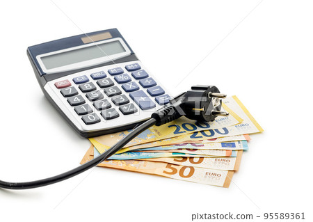 The energy savings concept with electric power plug, calculator and euro money isolated on white background. The energy savings concept with electric power plug, calculator and euro money isolated on white background. 95589361