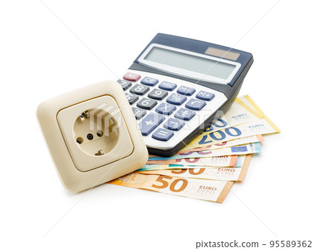 The energy savings concept with electric power socket, calculator and euro money isolated on white background. 95589362