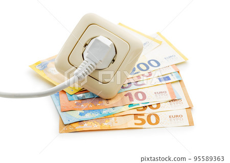 The energy savings concept with electric power plug, calculator  and euro money isolated on white background. 95589363