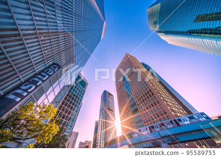 Tokyo cityscape in Japan Diamond Shiodome / Looking at Shiodome office district and Yurikamome shining in sunlight = October 20 95589755