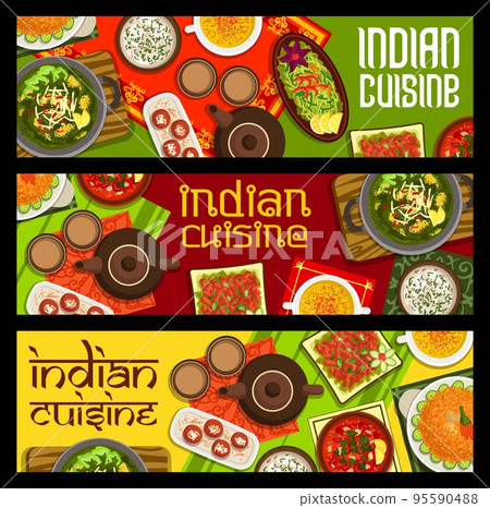 Indian cuisine meals banners with vector spice dishes of vegetable, seafood and meat food. Spinach chicken curry, saffron prawn and almond soups, duck rice biryani, tandoori chicken salad, dessert 95590488