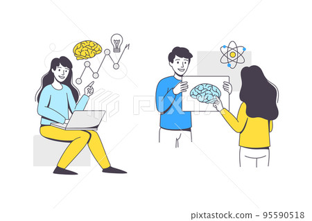 Business Project with Man and Woman Character with Laptop and Brain Working with Startup Outline Vector Set Business Project with Man and Woman Character with Laptop and Brain Working with Startup Outline Vector Set 95590518