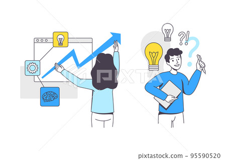 Business Project with Man and Woman Character with Lightbulb and Graph Arrow Working with Startup Outline Vector Set Business Project with Man and Woman Character with Lightbulb and Graph Arrow Working with Startup Outline Vector Set 95590520