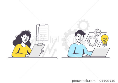 Business Project with Man and Woman Character with Laptop and Clipboard Working with Startup Outline Vector Set 95590530
