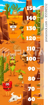 Kids height chart ruler. Cartoon cowboy, sheriff and robber vegetable characters. Kids growth meter, height measure vector ruler scale with mushroom, pea and corn, potato, olive, kohlrabi personages 95590532